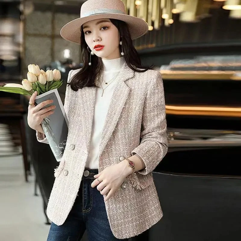 Korean Fashion Tweed Blazer Coat Women Vintage Long Sleeve Plaid Blazer  Ladies Office Work Wear Elegant Outwear Oversized Jacket - AliExpress