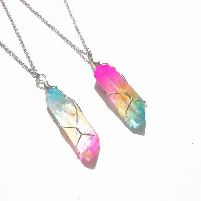 

2020 Hot Style Seven Color Natural Stone Spiral Hexagonal Column Crystal Pendant Multi Color Natural Stone Necklace