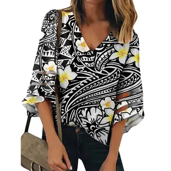 

Sexy Casual Women Clothes American Samoa Polynesian Hibiscus Pattern Casual V Neck 3/4 Sleeve Chiffon Blouses Loose Tunic Tops