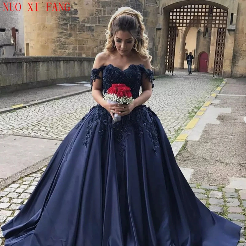 navy blue satin prom dress