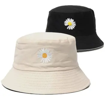 

Unisex Summer Reversible Bucket Hat Daisy Sunflower Embroidered Candy Color Wide Brim Sun Protection Fisherman Cap