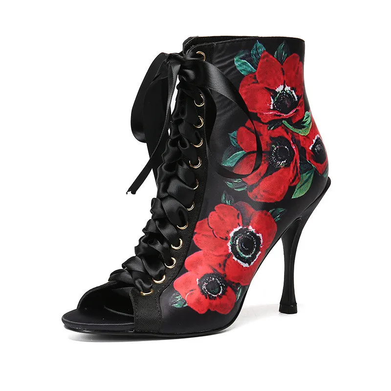 

Fashion Lace Up Flower Print Ankle Boots For Women Genuine Leather Open Toe Gladiator Boots Women Fall Strange Heel Booties 2019