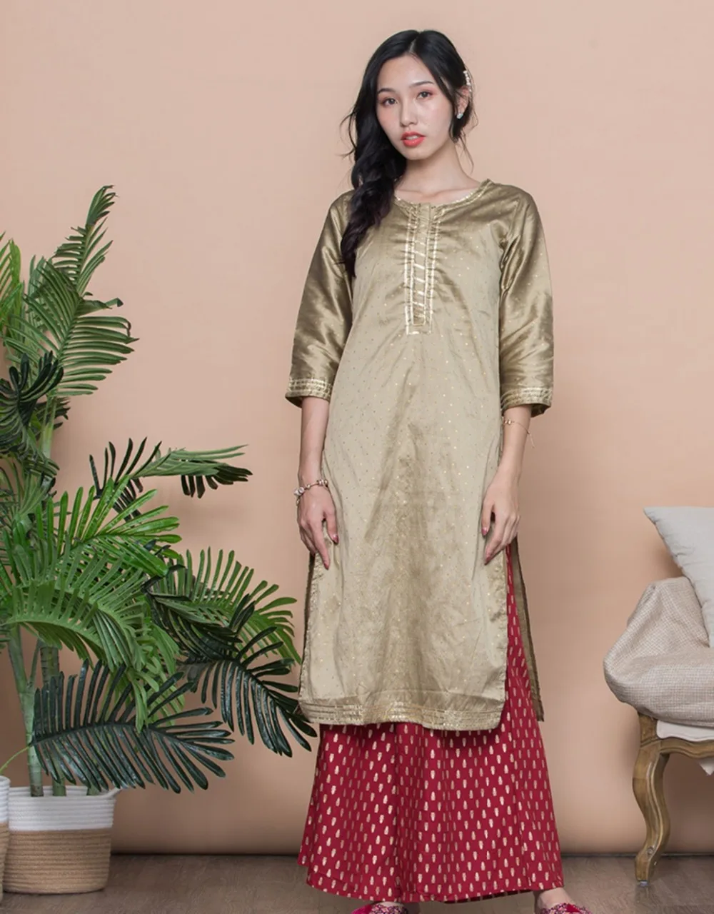 Женские модные комплекты в этническом стиле хлопок Индия Kurtas платье леди три четверти рукав топ брюки