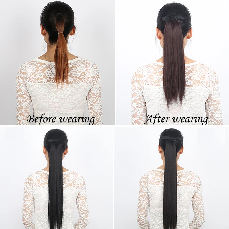 Длинные прямые накладные волосы на заколках для женщин, шнурок, синтетический конский хвост, чёрный, коричневый цвет, термостойкие шиньоны