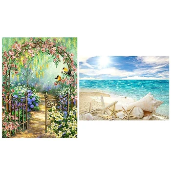 

2 Set Diamond Painting DIY Diamond Embroidery Rhinestones Cross Stitch Home Decor, Sea Starfish Shell & Garden View