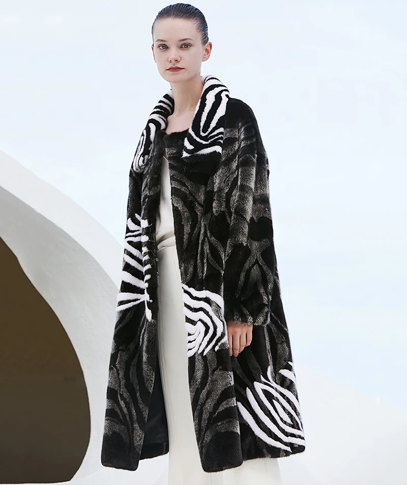 Ftangaiur Winter Import Velvet Mink Fur Coat Contrast Color Striped Mink Coat Women's X-Long Natural Real Mink Fur Coats