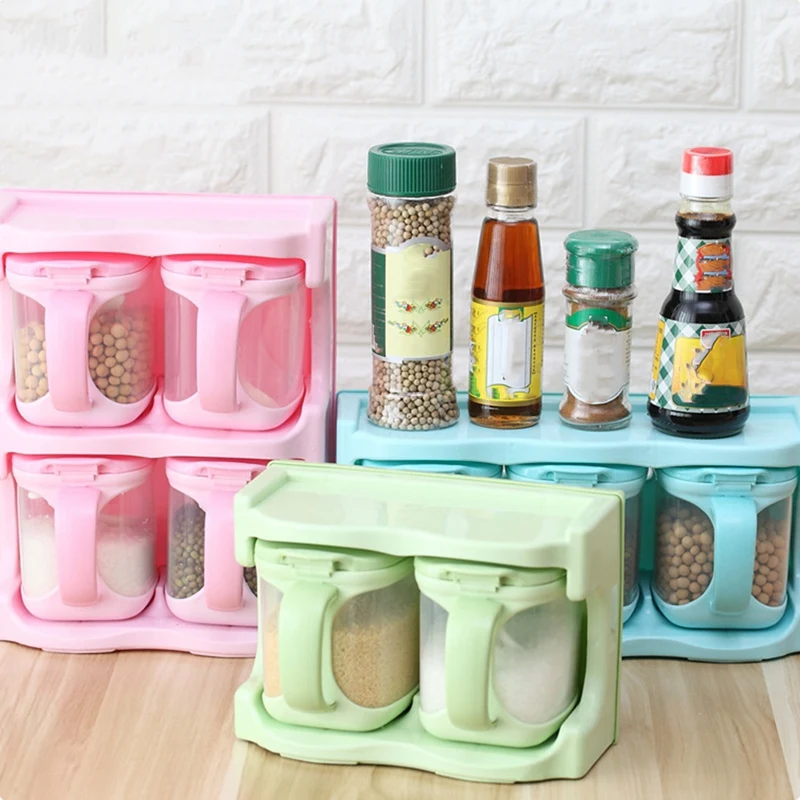 

4Pcs/Set Transparent Spice Jar Simple Lid Seasoning Box Kitchen Tools Salt Condiment Cruet Storage Box Green