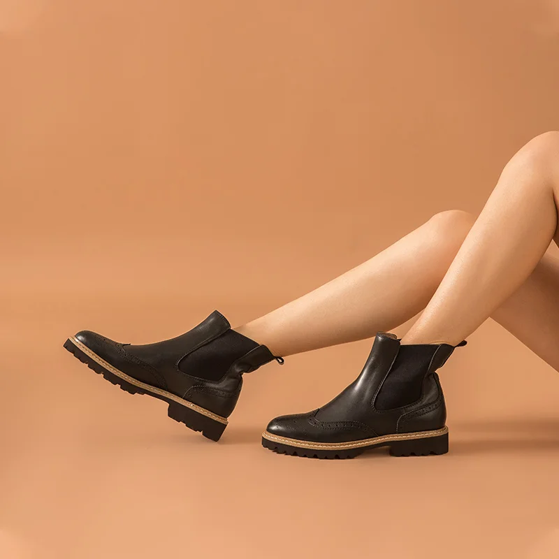 BeauToday Chelsea Boots Women Calfskin Genuine Leather Round Toe Elastic Band Ladies Ankle Brogues Boots Handmade 03439