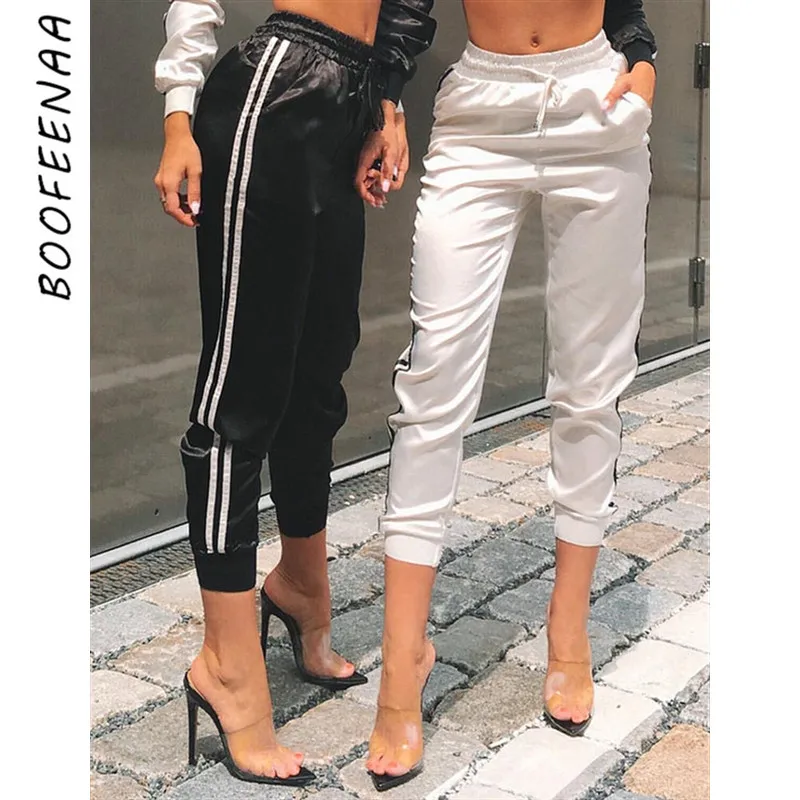 Boofeenaa Side Stripe Satin Silk Sexy 