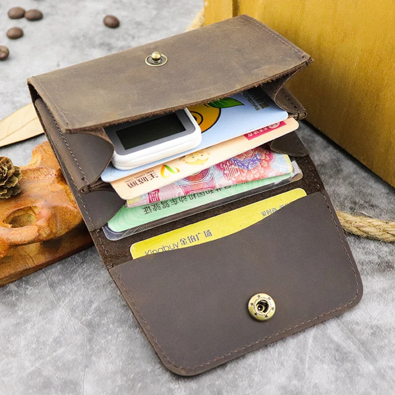 

2020 New Crazy Horse Leather Card Holder Men Women Vintage Handmade Short Credit Card Bag Coin Purse Case Small Slim Wallet Male