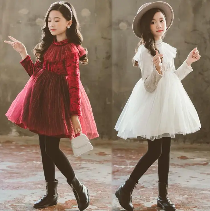 Рождественское платье для девочек; зимнее праздничное платье-пачка с кружевным воротником для девочек-подростков; теплое платье принцессы с подкладкой для девочек; одежда для детей