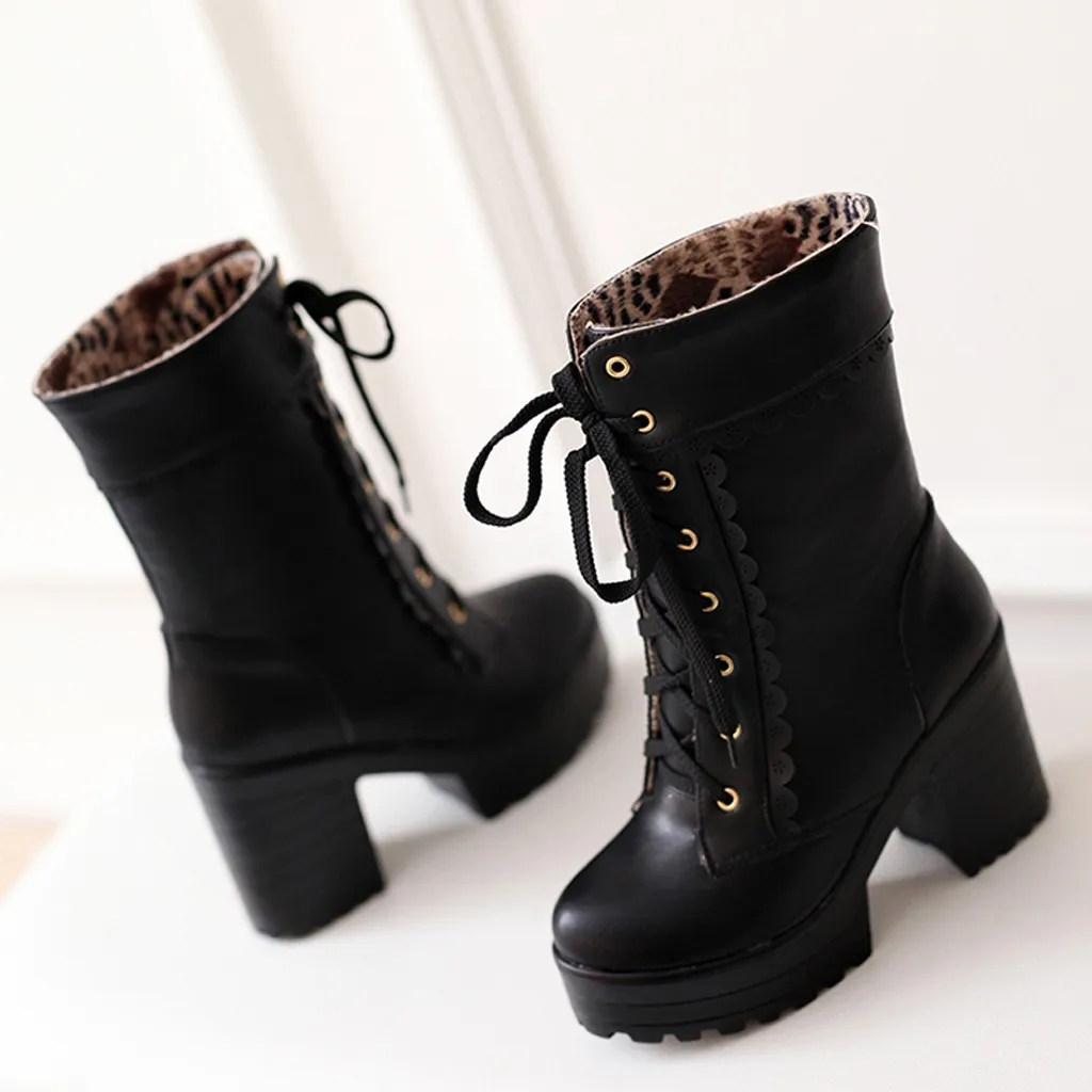 Pink leather Lady Platform boots Women's Lace Tie square Heel Shoes Sweet High Heel Leather Motorcycle Boots winter Plus size 43