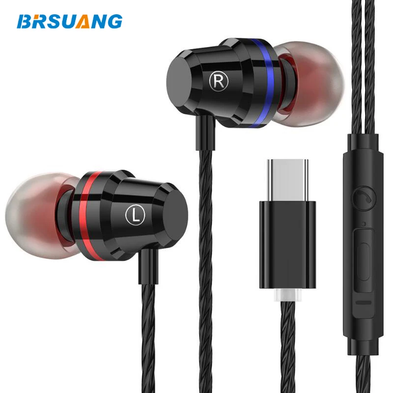 100pcs/lot BRSUANG USB-C Jack Stereo Music Earbuds With Microphone Headset Type-C Earphone For Samsung Huawei Xiaomi Oneplus Etc