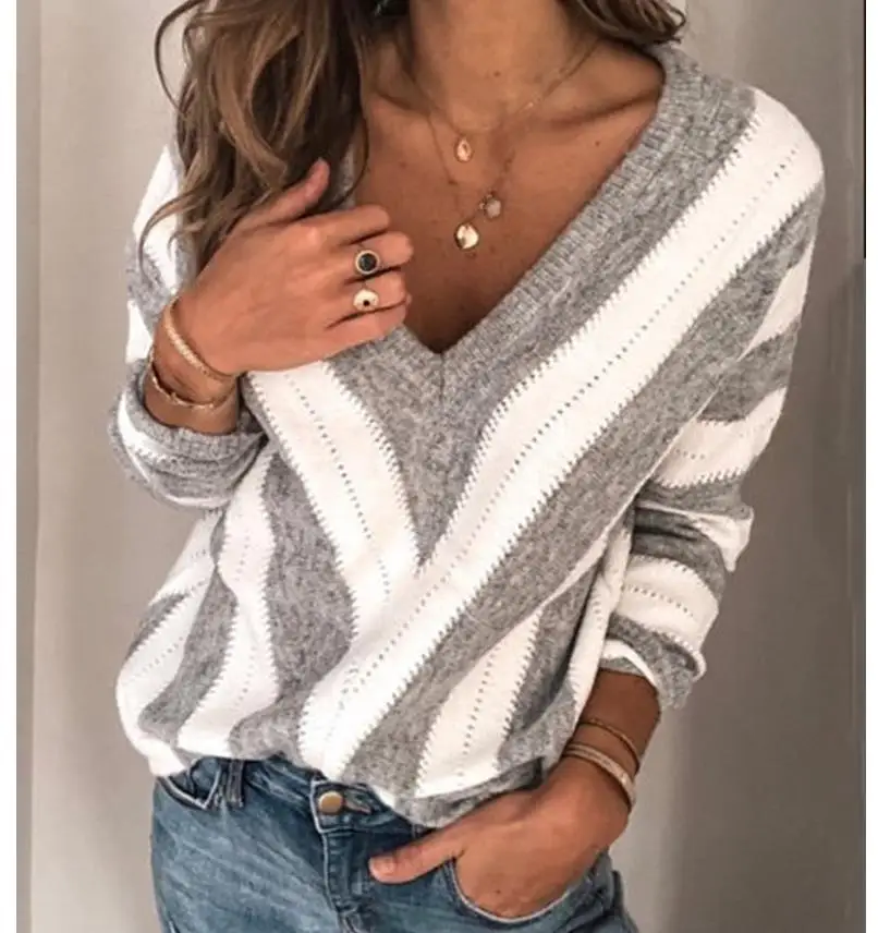  Women Spring Autumn Shirt Deep V Striped Blouse Knitwear Tops Casual Long Sleeve Shirt Jumper Pull 
