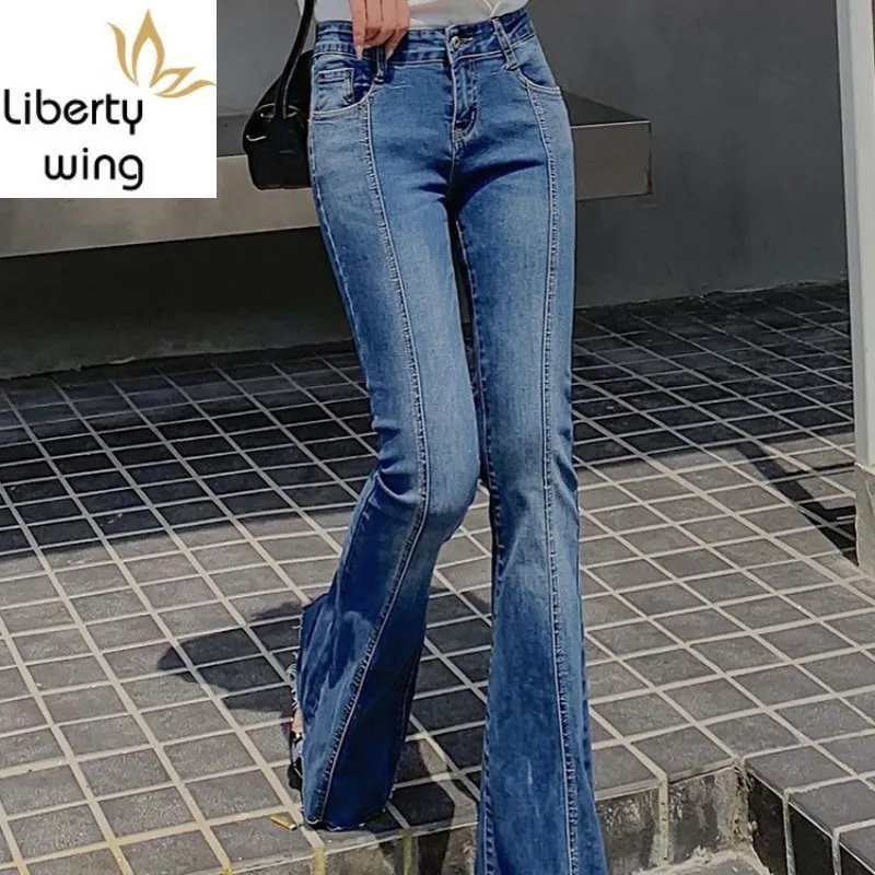 

OL Style Flare Jeans Women Spring New High Waist Vintage Slim Bell-Bottom Pants Streetwear Split Zipper Denim Trousers Female