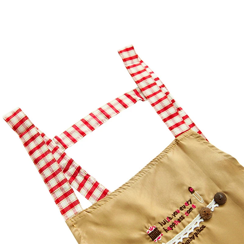 2x Classical Embroidery Apron Plaid Women Bowknot Kitchen Chef Apron Dress with Pocket Gifts Shoulder Strap Style Red& Gray