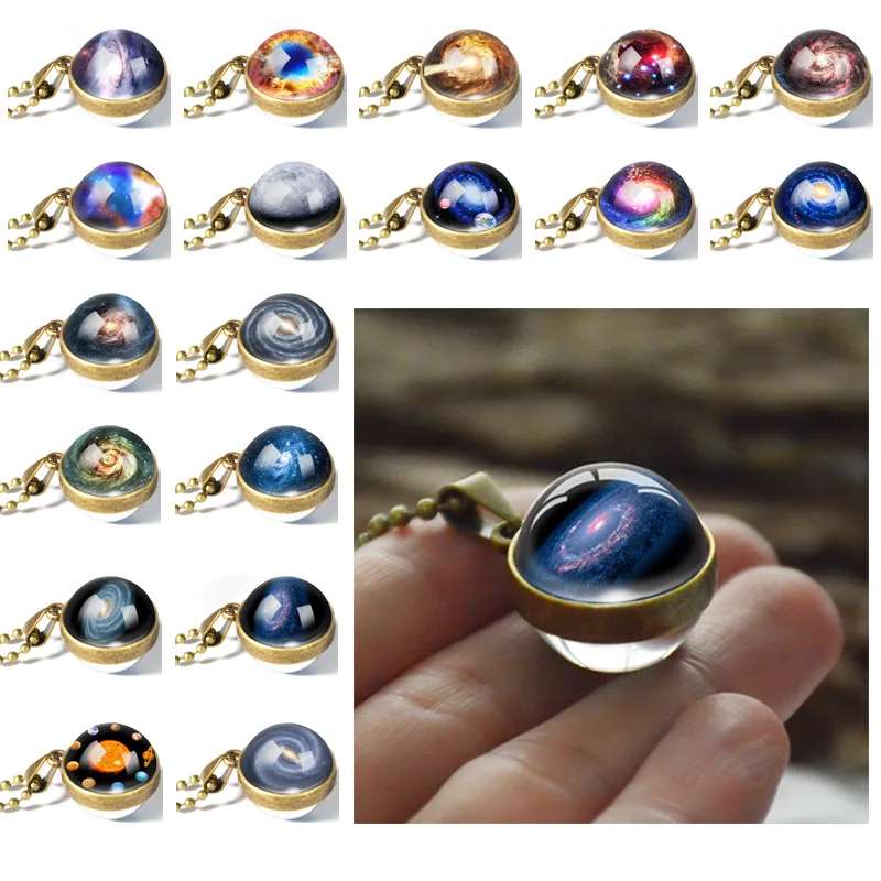 

Universe Galaxy Jewelry Glass Planet Pattern Pendant Necklace Women Delicacy Round Bead Chain Nebula Space Jewelry Accesories