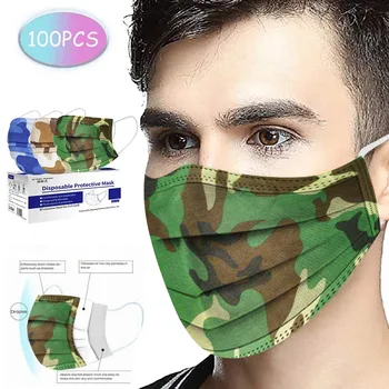 

100 Pack/box Face Masks Unisex Camouflage Industrial 3-ply Design Face Masks Reusable Mouth Cover Fabric Masks Mascarilla
