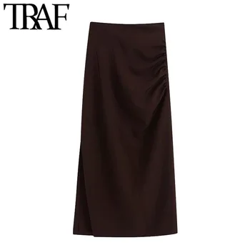 

TRAF Women Chic Fashion Office Wear Draped Midi Pencil Skirt Vintage Back Zipper Side Vents Female Skirts Faldas Mujer