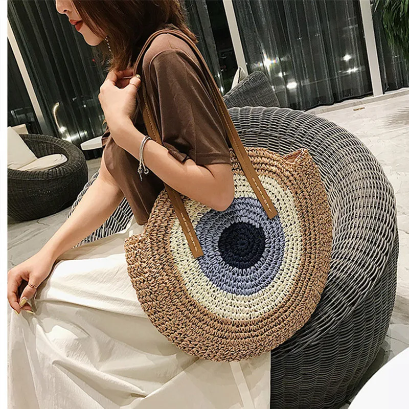 Large Capacity Round Women Fashionable Straw Woven Shoulder Bag Handmade  Summer Beach Travel Holiday Women Tote Bags - AliExpress