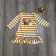 Одежда для маленьких девочек платье на День Благодарения для девочек осеннее платье для девочек бальное платье с изображением индейки желтое платье в полоску с бантом