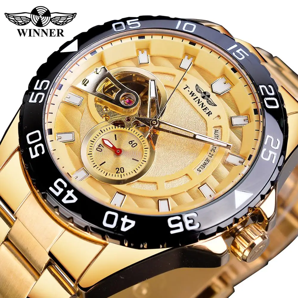 

Winner Golden Stainless Steel 2020 Design Half Skeleton Open Work Men Business Mechnaical Automatic Wrist Watch Top Brand Luxury