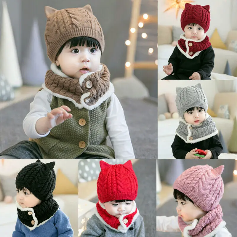Зимний Теплый детский шарф с кошачьими ушками, хлопковые вязанные шапочки для малышей, милая удобная одежда, аксессуары для детей 1-4 лет