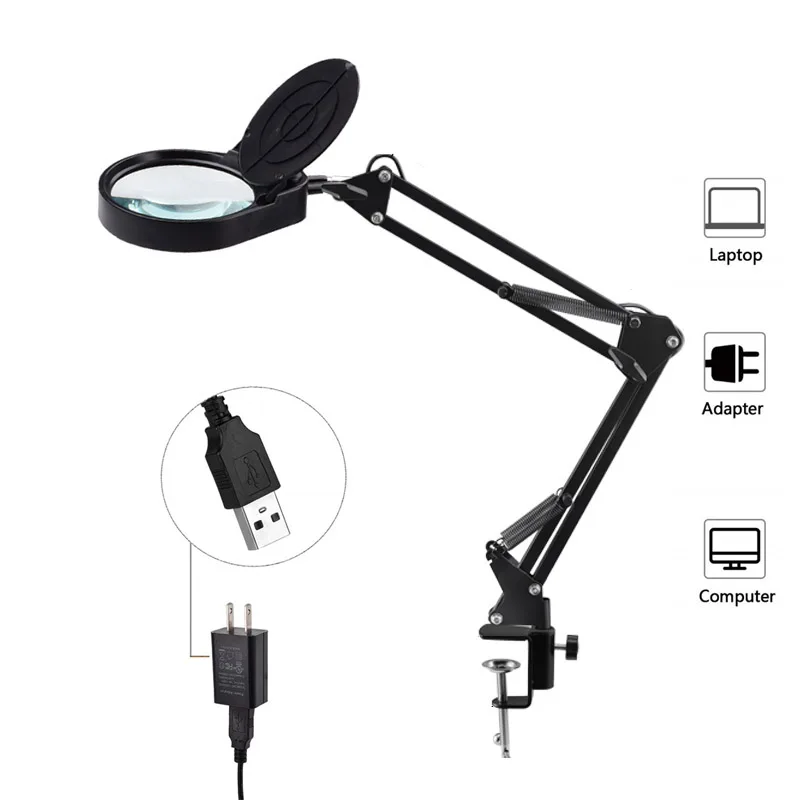 Magnifying Work Light USB Clip-on 360° Adjustable 5X Magnifying Lamp for Reading Working Jewelry Maker Welding Rework Computer Board white 
