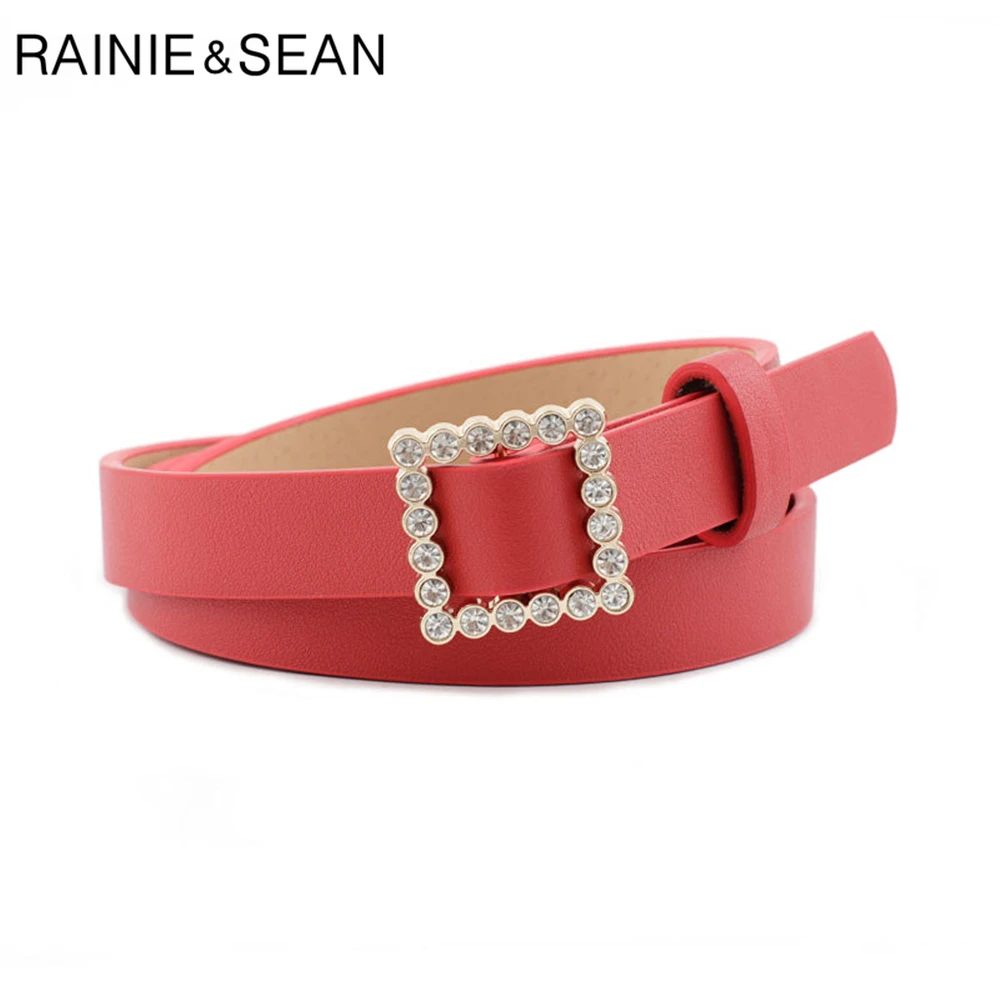 Renie SEAN, стразы, ремень с пряжкой, без отверстий, для женщин, модный однотонный ремень для брюк, черный, розовый, красный, фиолетовый, женский тонкий ремень, 107 см