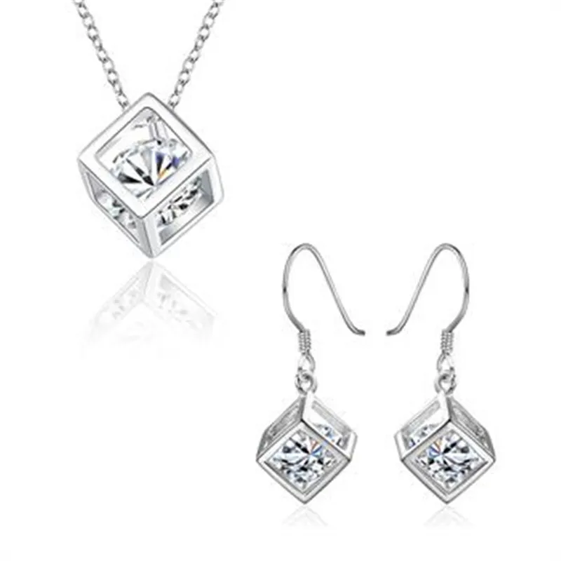 Fashion Fine Jewelry 925 Sterling Silver Square Crystal Earrings and Pendant Neckalce Jewelry Sets Women Engagement Best Gift