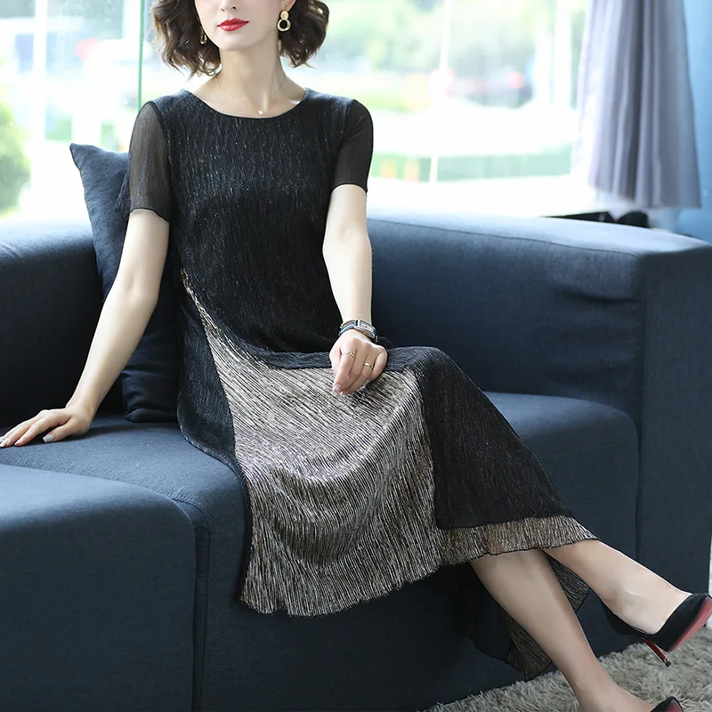 

2019 Summer New Style WOMEN'S Dress Joint Long Skirts Crew Neck by Age Straight-Cut Loose-Fit Belly Covering Large Size Dress-