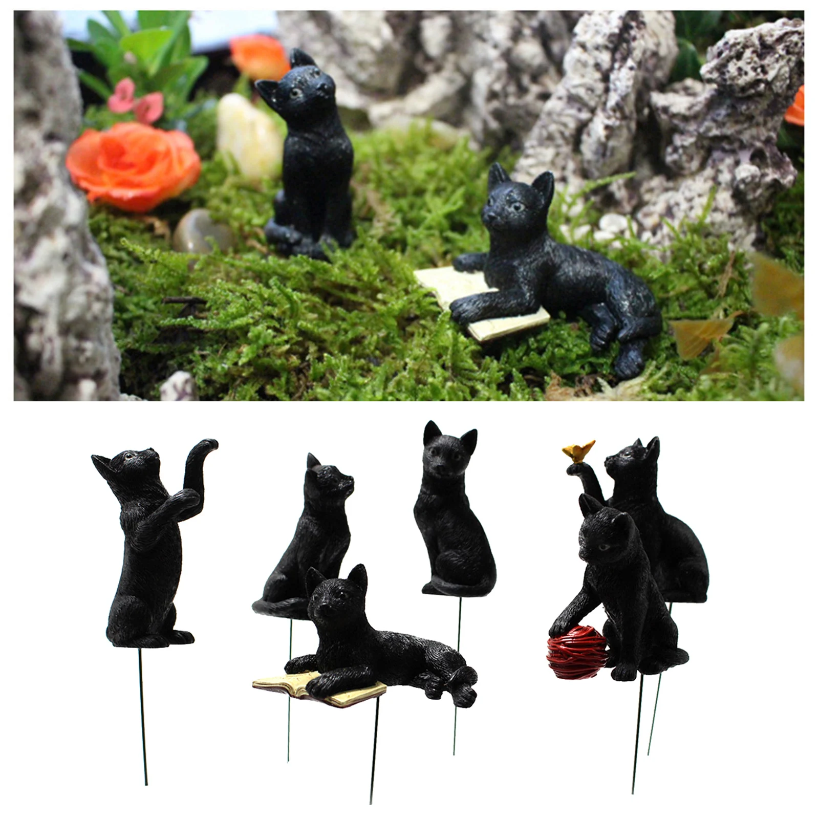 6x Black Cat Cute Resin Garden Stakes Outdoor Animal Luminous Lawn