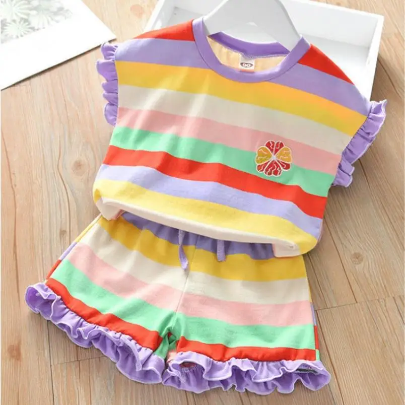Girls Clothes New Summer Style Baby Girls Striped casual suit Ruffle T-shirt + shorts 2Pcs for Kids Clothes sportswear 2-8Y