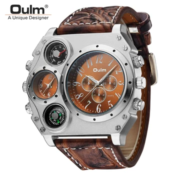 

Oulm Mens Big Dial Quartz Watches Luxury Sport Quartz Male Clock Two Time Zone Fashion Casual Wristwatch Men relogio masculino
