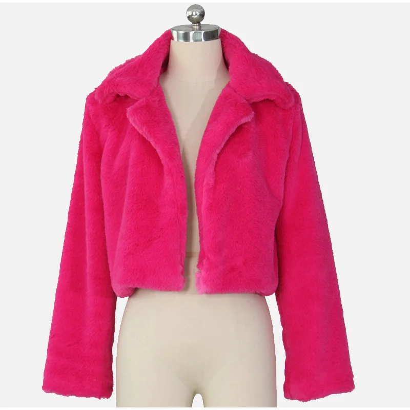Зима, теплое пушистое пальто из искусственного меха, женская меховая укороченная куртка из искусственного меха с отложным воротником, верхняя одежда с открытой строчкой спереди