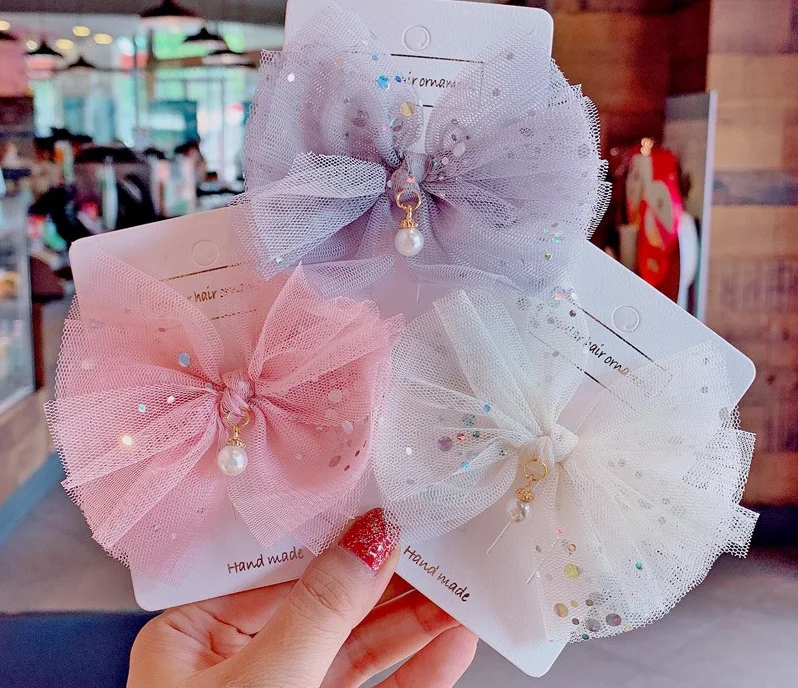 Boutique ins 20pcs Fashion Cute Glitter Mesh Bow Hairpins Pearl Gauze Bowknot Hair Clips Princess Headwear Hair Accessories