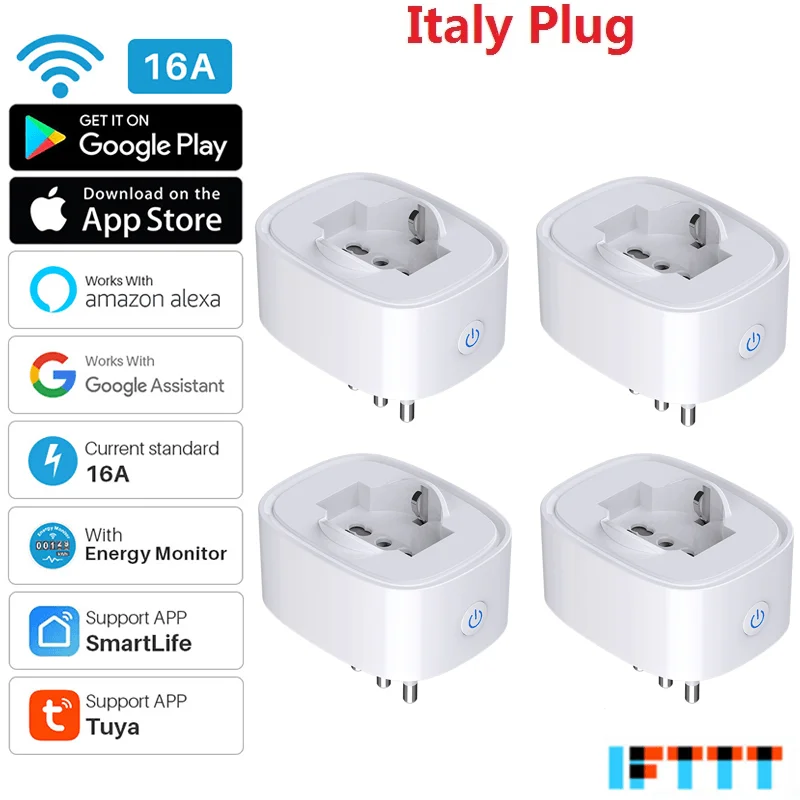 New Tuya 16A Italy Standard WiFi Smart Plug With Power Monitor, Smart Life APP Smart Socket Voice Work For Google Home Alexa 