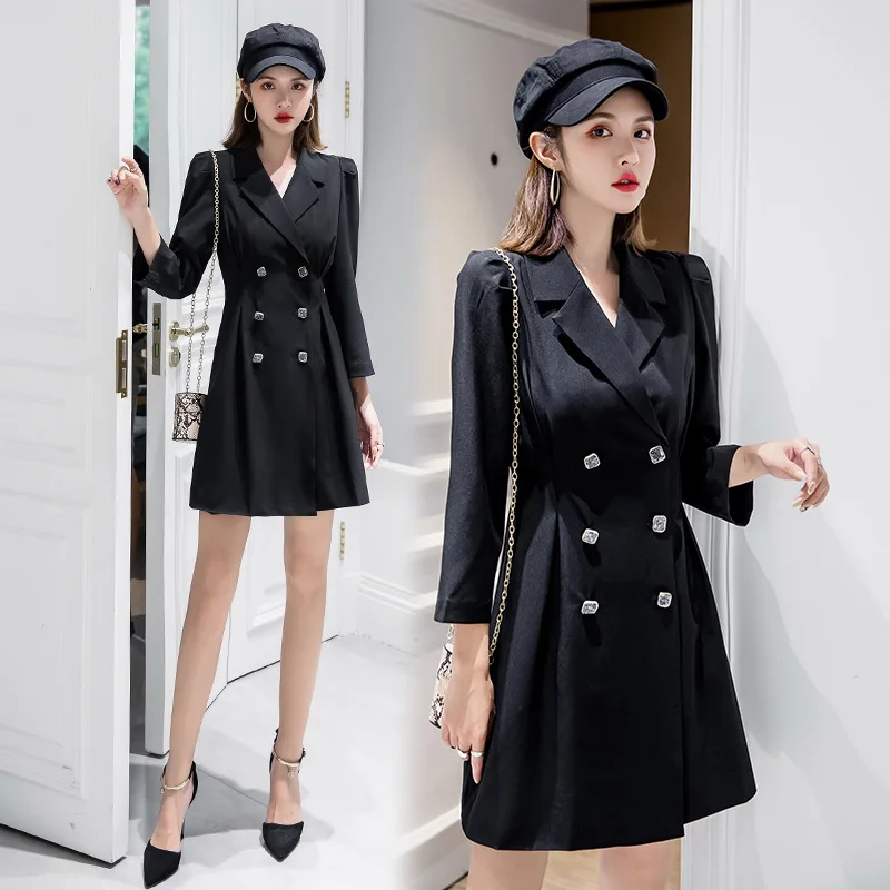 

2019 Autumn And Winter Korean-style New Style Suit Collar Double Breasted Waist Hugging Slimming French High-End Elegant Coat-Dr