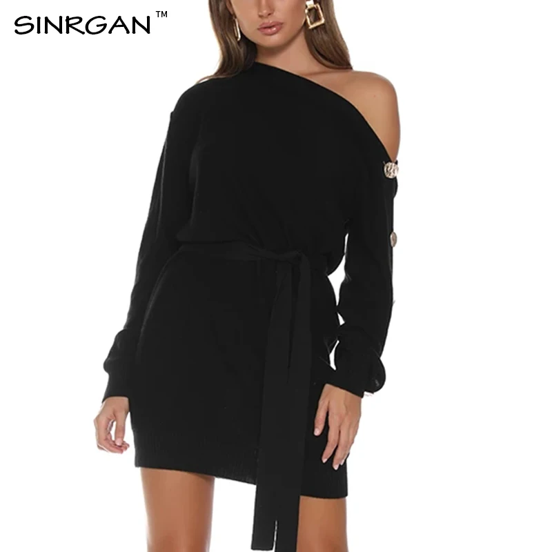 

SINRGAN Black One Shoulder Knitted Sweater Dress Women Button Lace Up Pullovers Loose Streetwear One Size