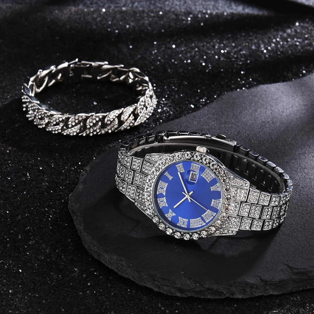 2 Pcs Watch+bracelet Hip Hop Stainless Steel Gold Color Calendar Watch For Men Iced Out Paved Rhinestones Men Watch Reloj Hombre