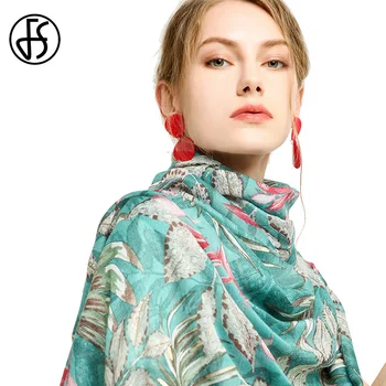 

FS Winter Scarf For Women Shawl Long Satin Hijab Blue Green Floral Print Color Patchwork Fashion Bandana Bufandas Mujer