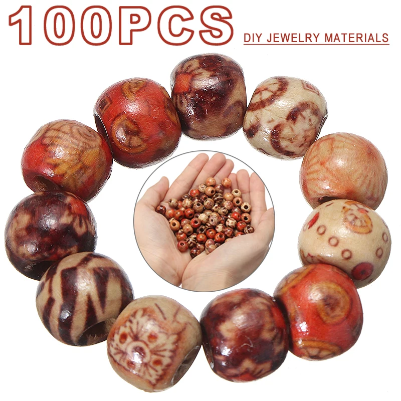 

Newest 100Pcs 10mm Mixed Wooden Beads Distinctive Tribal Patterned Wood Beads Macrame For DIY Jewelry Crafts Bracelet Making
