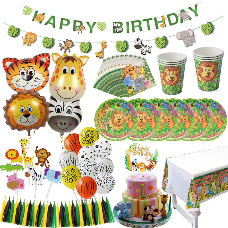 

WEIGAO Jungle Party Decoration Lion Tiger Foil Balloons Disposable Tableware Paper Plate Cup Napkin Safari Zoo Party Supplies