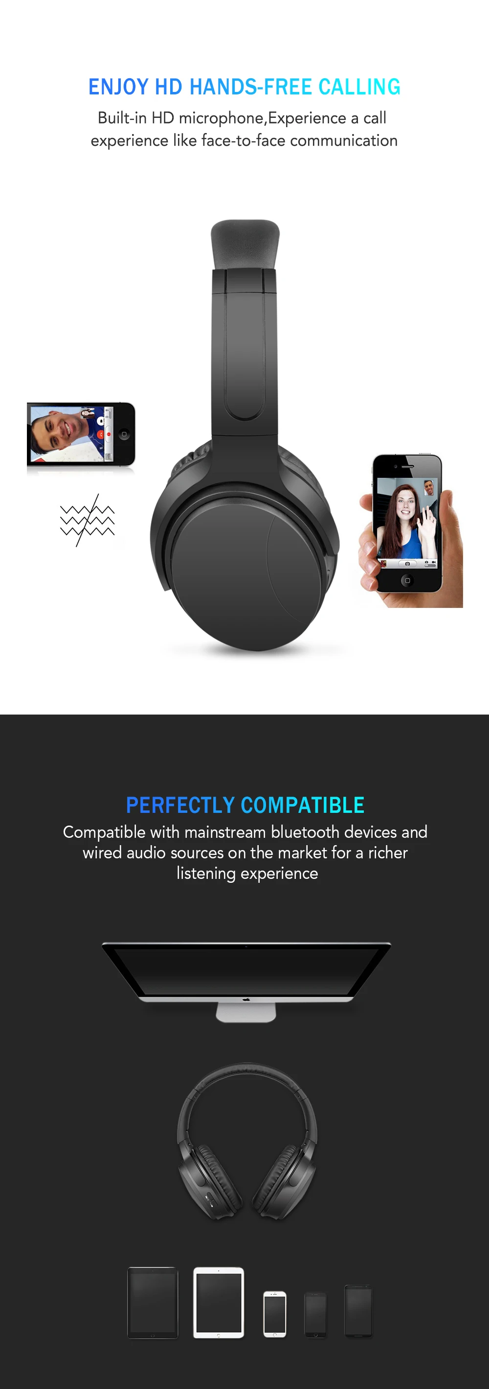 Wireless Bluetooth Headphone Dynamic Noise Cancelling Headset Foldable Over-Ear Bass Sound Adjustable Headset with Mic for Phone