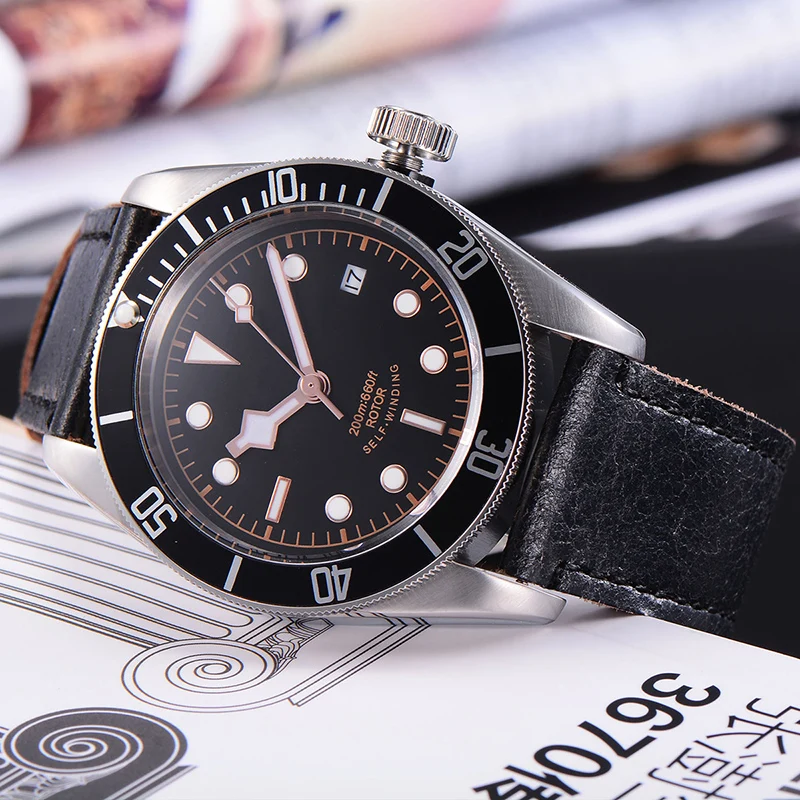 Corgeut, 41 мм, мужские часы с кожаным ремешком, люксовый бренд, автоматические механические часы для дайвера, деловые светящиеся сапфировые наручные часы для мужчин