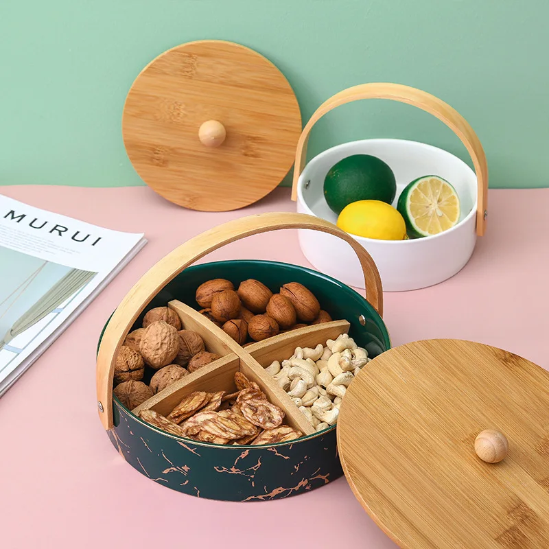 

Creative Portable Ceramic Fruit Plate with Cover Household Bamboo and Wood Divided Snack Plate Nut Plate Dried Fruit Platter