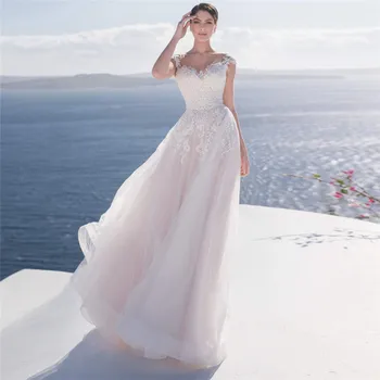 

Sheer Short Sleeves Lace Appliques A-Line Wedding Dress Buttons Back Tulle Custom Online Bridal Gowns 2021 Beach For Wedding