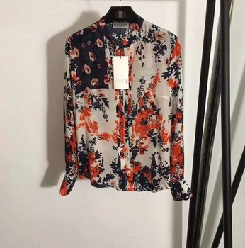 

Luna2020 new fashion runway G * new elegant temperament flower print organ pleated long-sleeved silk shirt N257