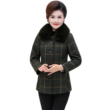 

New Autumn Winter Jacket Women Tartan Woolen coat loose Plus size Wool coats Women's Fashion Fur collar Warm Overcoat 5XL F1123