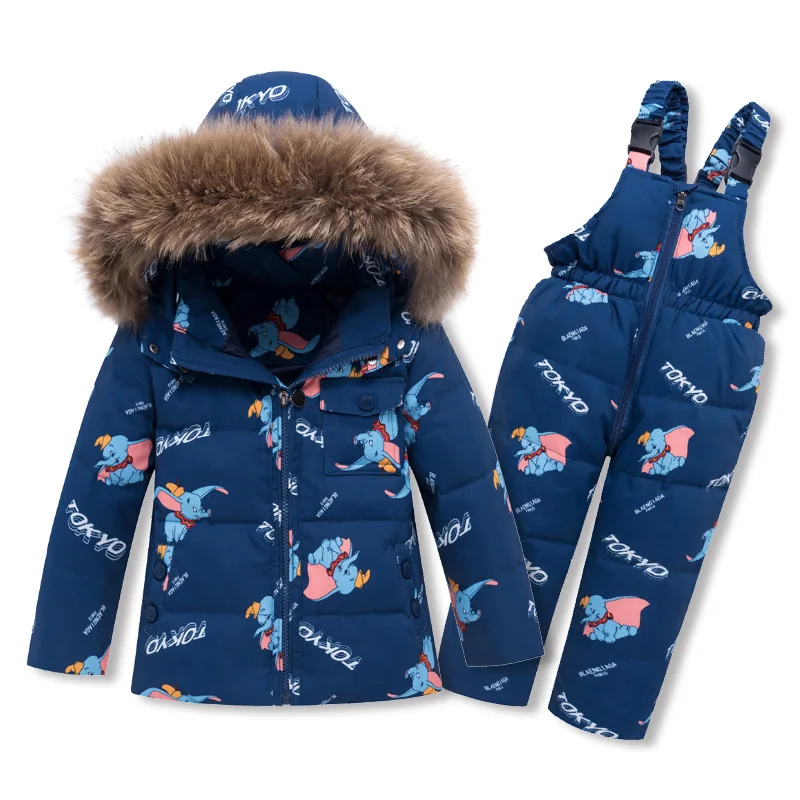 

-30 Degrees Baby Girls Warm Down Snowsuits Jacket+Strap Down Pant Baby Kids Big Fur Collar Winter Down Ski Suits Child Ski Set